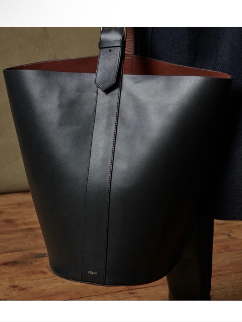 SOEUR Black Leather Shoulder Bag with Contrast Brown Strap